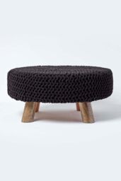 Homescapes Large Round Cotton Knitted Footstool on Legs in Black
