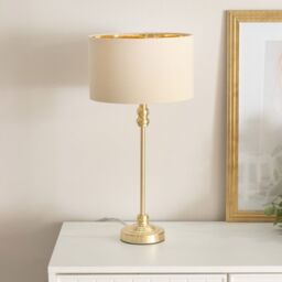 ValueLights Maggie Gold Candlestick Table Lamp with Fabric Drum with Gold Inner Lamp Shade in Natural - thumbnail 3