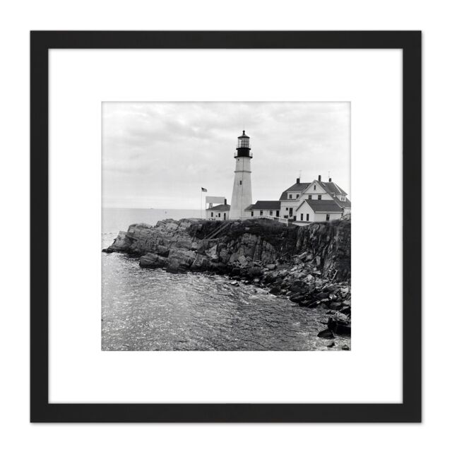 Artery8 Berenice Abbott Lighthouse Maine Sea Coast Photo 8X8 Inch Square Wooden Framed Wall Art Print Picture with Mount in Black - image 1