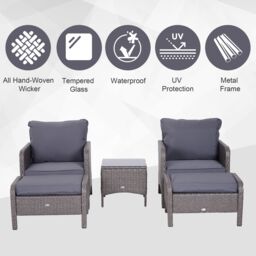 OUTSUNNY 5 Pcs PE Rattan Garden Patio Furniture Set w/ Chair Stool Coffee Table in Grey - thumbnail 4