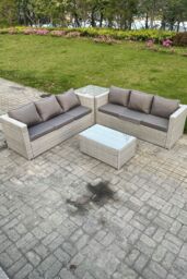Fimous Light Grey Outdoor Rattan Garden Furniture Set Corner Sofa With 2 Coffee Table - thumbnail 1