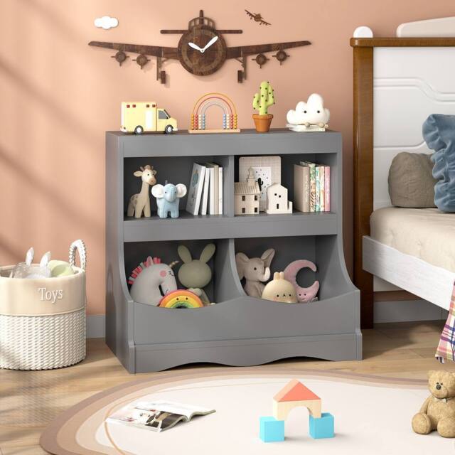 Costway Wooden Toy Storage Organizer 4-Cubs Kids Bookcase for Book & Toy in Grey - image 1