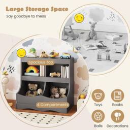 Costway Wooden Toy Storage Organizer 4-Cubs Kids Bookcase for Book & Toy in Grey - thumbnail 7