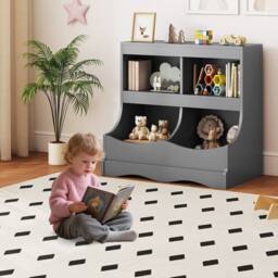 Costway Wooden Toy Storage Organizer 4-Cubs Kids Bookcase for Book & Toy in Grey - thumbnail 4