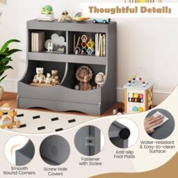 Costway Wooden Toy Storage Organizer 4-Cubs Kids Bookcase for Book & Toy in Grey - thumbnail 6