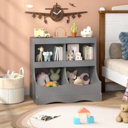Costway Wooden Toy Storage Organizer 4-Cubs Kids Bookcase for Book & Toy in Grey - thumbnail 1