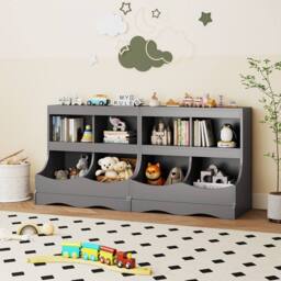 Costway Wooden Toy Storage Organizer 4-Cubs Kids Bookcase for Book & Toy in Grey - thumbnail 5