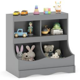 Costway Wooden Toy Storage Organizer 4-Cubs Kids Bookcase for Book & Toy in Grey - thumbnail 3