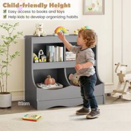 Costway Wooden Toy Storage Organizer 4-Cubs Kids Bookcase for Book & Toy in Grey - thumbnail 8