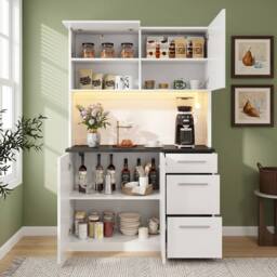 BTM 120cm LED Kitchen Sideboard USB Outlet Tall Cabinet White - thumbnail 3