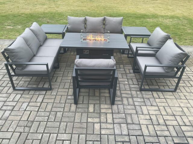 Fimous Aluminium Garden Furniture Outdoor Set Patio Lounge Sofa Gas Fire Pit Dining Table Set with 3 Armchair 2 Side Table Dark Grey - image 1