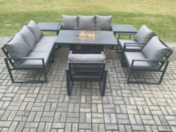 Fimous Aluminium Garden Furniture Outdoor Set Patio Lounge Sofa Gas Fire Pit Dining Table Set with 3 Armchair 2 Side Table Dark Grey - thumbnail 1