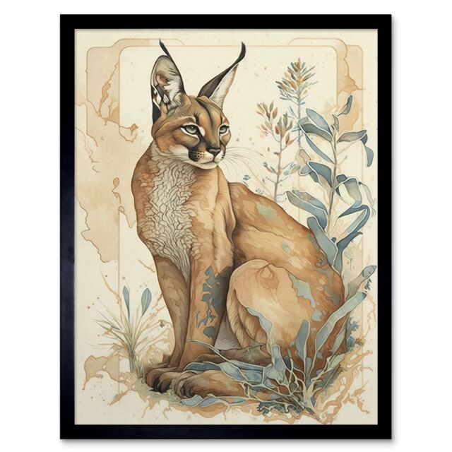 "Artery8 Wall Art Print Caracal Cat with Teal Plants Modern Pastel Watercolour Art Framed in Black - Size: W12"" x H16""" - image 1