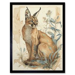 "Artery8 Wall Art Print Caracal Cat with Teal Plants Modern Pastel Watercolour Art Framed in Black - Size: W12"" x H16""" - thumbnail 1