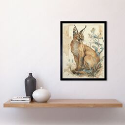 "Artery8 Wall Art Print Caracal Cat with Teal Plants Modern Pastel Watercolour Art Framed in Black - Size: W12"" x H16""" - thumbnail 2