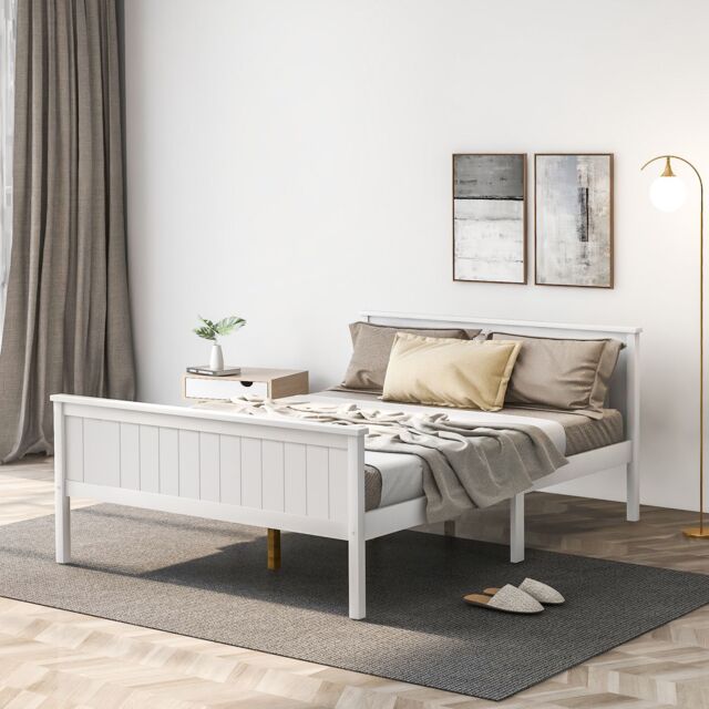 Matteo Wooden Bed Frame with Headboard & Footboard, Pine Wood Bed in Off-White - Size: Single - image 1