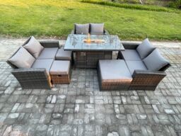 Fimous High Back Rattan Garden Furniture Sofa Sets with Outdoor Furniture Gas Firepit Dining Table Set 3 Footstools in Dark Grey - thumbnail 1