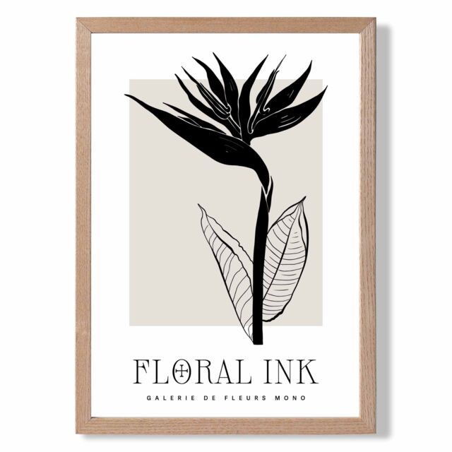 ARTZE Bird of Paradise Flower Floral Ink Sketch Framed Print SIZE: A3 with Oak Frame in Beige - Size: A2 - image 1