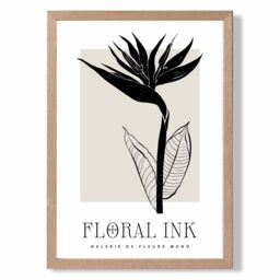 ARTZE Bird of Paradise Flower Floral Ink Sketch Framed Print SIZE: A3 with Oak Frame in Beige - Size: A2 - thumbnail 1