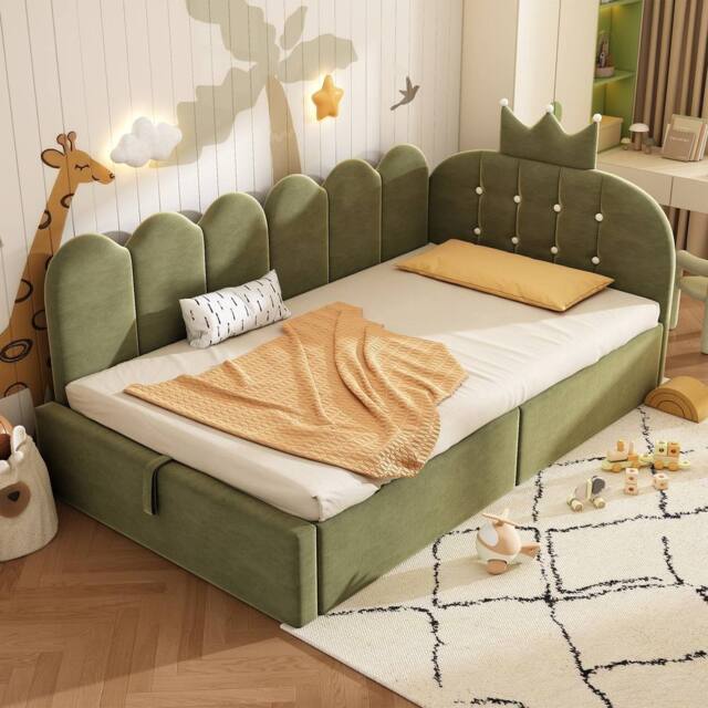 Rolipo 3FT Single Daybed Green Velvet Hydraulic Storage Crown Shaped Bed - image 1