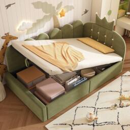 Rolipo 3FT Single Daybed Green Velvet Hydraulic Storage Crown Shaped Bed - thumbnail 8