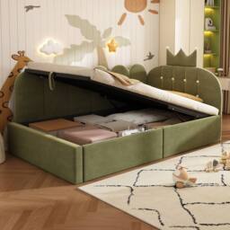 Rolipo 3FT Single Daybed Green Velvet Hydraulic Storage Crown Shaped Bed - thumbnail 9
