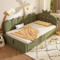 Rolipo 3FT Single Daybed Green Velvet Hydraulic Storage Crown Shaped Bed - thumbnail 1