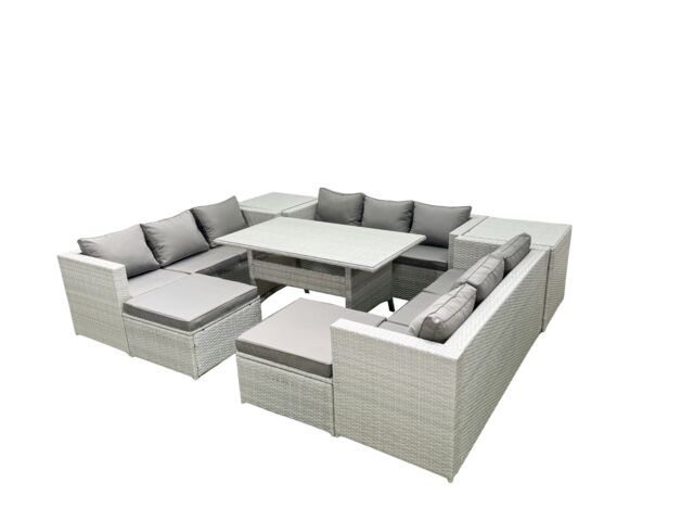Fimous Rattan Garden Outdoor Furniture Set 11 Seater Garden Sofa Rectangulr Dining Table Set with 2 Big Footstools 2 Side Tables Light Grey Mixed - image 1