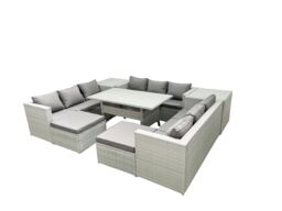 Fimous Rattan Garden Outdoor Furniture Set 11 Seater Garden Sofa Rectangulr Dining Table Set with 2 Big Footstools 2 Side Tables Light Grey Mixed - thumbnail 1