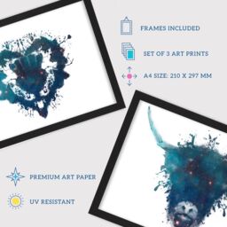 Artery8 A4 Wall Art & Frame Set of 3 Ink Splat Thistle Heart Hairy Coo Stag - thumbnail 3