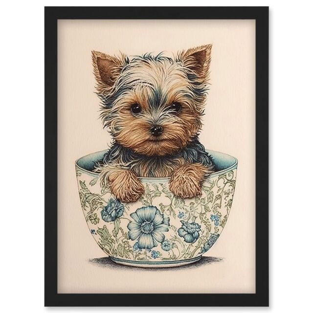 Artery8 Cute Teacup Yorkshire Terrier Dog in Floral Pattern Tea Cup Watercolour Illustration Artwork Framed Wall Art Print A4 in Black - image 1