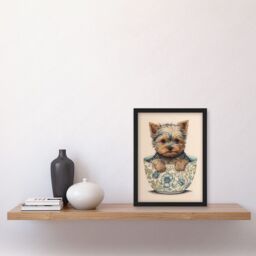 Artery8 Cute Teacup Yorkshire Terrier Dog in Floral Pattern Tea Cup Watercolour Illustration Artwork Framed Wall Art Print A4 in Black - thumbnail 2