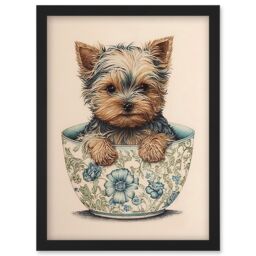 Artery8 Cute Teacup Yorkshire Terrier Dog in Floral Pattern Tea Cup Watercolour Illustration Artwork Framed Wall Art Print A4 in Black - thumbnail 1