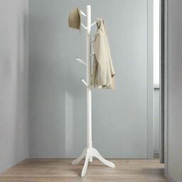 Modcraft Freestanding Wooden Coat Rack with Adjustable Height & 8 Hooks in White - thumbnail 1