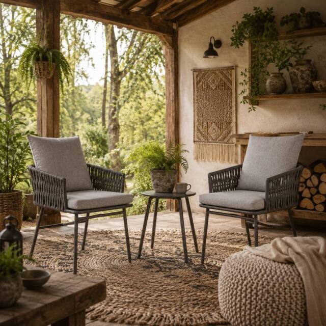 Wyld Haus Grey 3 Piece Rattan Bistro Set 2 Chairs Cushions & Glass Table - image 1