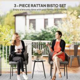 Wyld Haus Grey 3 Piece Rattan Bistro Set 2 Chairs Cushions & Glass Table - thumbnail 4