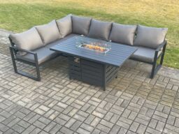 Fimous Aluminium Outdoor Garden Furniture Corner Sofa Gas Fire Pit Dining Table Sets Gas Heater Burner Dark Grey 6 Seater - thumbnail 1
