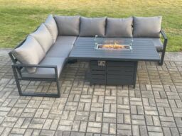 Fimous Aluminium Outdoor Garden Furniture Corner Sofa Gas Fire Pit Dining Table Sets Gas Heater Burner Dark Grey 6 Seater - thumbnail 2