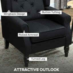 HOMCOM Accent Chair Wingback Armchair Retro Tufted Club Wood Fabric, Black - thumbnail 4