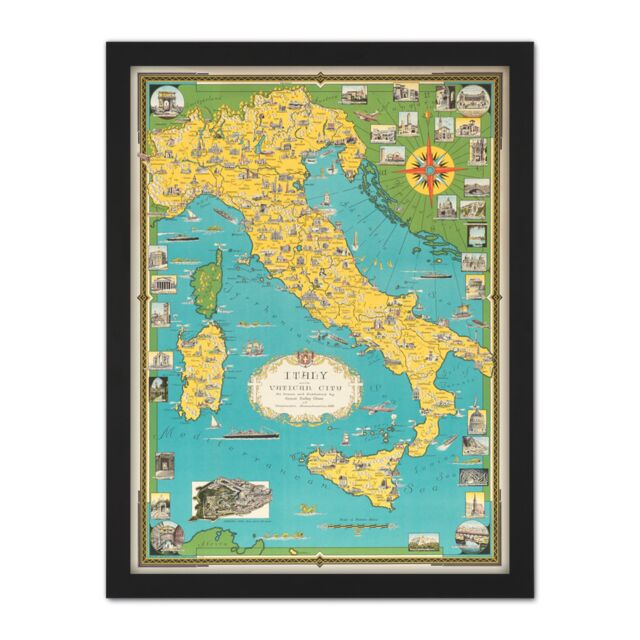 "Artery8 Wall Art Print Chase 1944 Pictorial Map Italy Vatican City Large Framed Wall Décor Art in White - Size: W18"" x H24""" - image 1