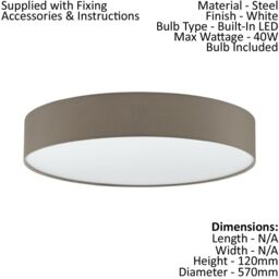 Loops Flush Ceiling Light Colour White Shade Taupe White Fabric Plastic Bulb LED 40W - thumbnail 2