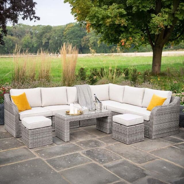 Primrose Living Luxury Rattan 8 Seater Modular Garden Furniture Sofa Set with Coffee Table & Footstools in Stone in Grey - image 1
