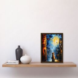 Artery8 Wall Art Print A Street Cat Named Desire Palette Knife Oil Painting Ginger Cat Village Night Artwork Framed A4 in Brown - thumbnail 2