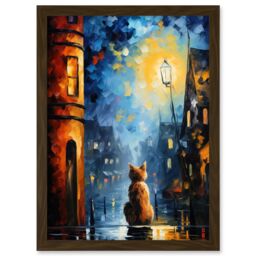 Artery8 Wall Art Print A Street Cat Named Desire Palette Knife Oil Painting Ginger Cat Village Night Artwork Framed A4 in Brown - thumbnail 1