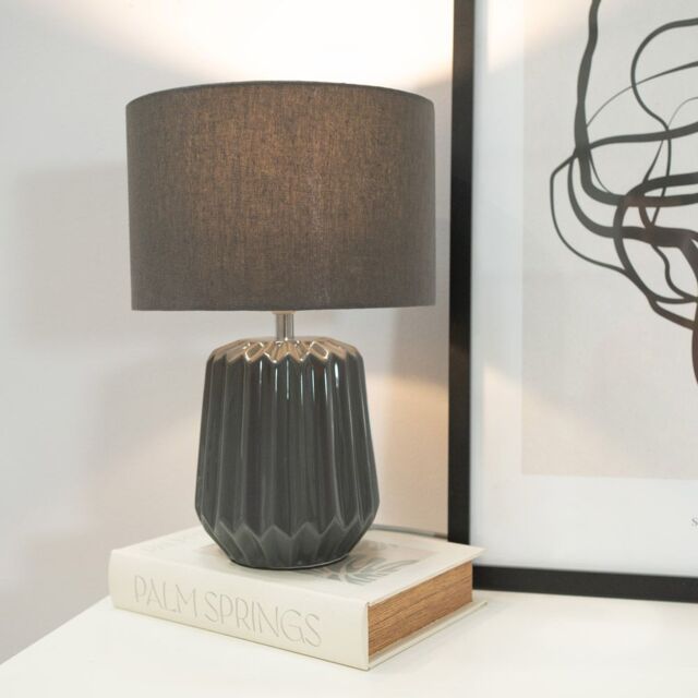 ValueLights Zak Pair Pleated Textured Ceramic Table Lamps with Fabric Shades & LED Bulbs in Grey - image 1