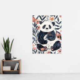 "Artery8 Cute Panda Bear in Flower Garden Bright Simple Wall Art Print in Pink - Size: W24"" x H32""" - thumbnail 4