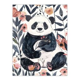 "Artery8 Cute Panda Bear in Flower Garden Bright Simple Wall Art Print in Pink - Size: W24"" x H32""" - thumbnail 1