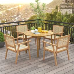 Costway Outdoor Wood Chair Teak Wood Armchair w/ Rattan Seat & Back Modern Dining Chair in Natural - thumbnail 4