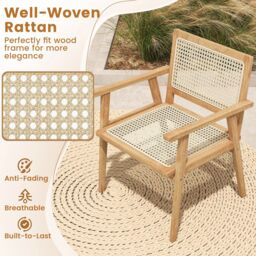 Costway Outdoor Wood Chair Teak Wood Armchair w/ Rattan Seat & Back Modern Dining Chair in Natural - thumbnail 2