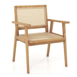 Costway Outdoor Wood Chair Teak Wood Armchair w/ Rattan Seat & Back Modern Dining Chair in Natural - thumbnail 5